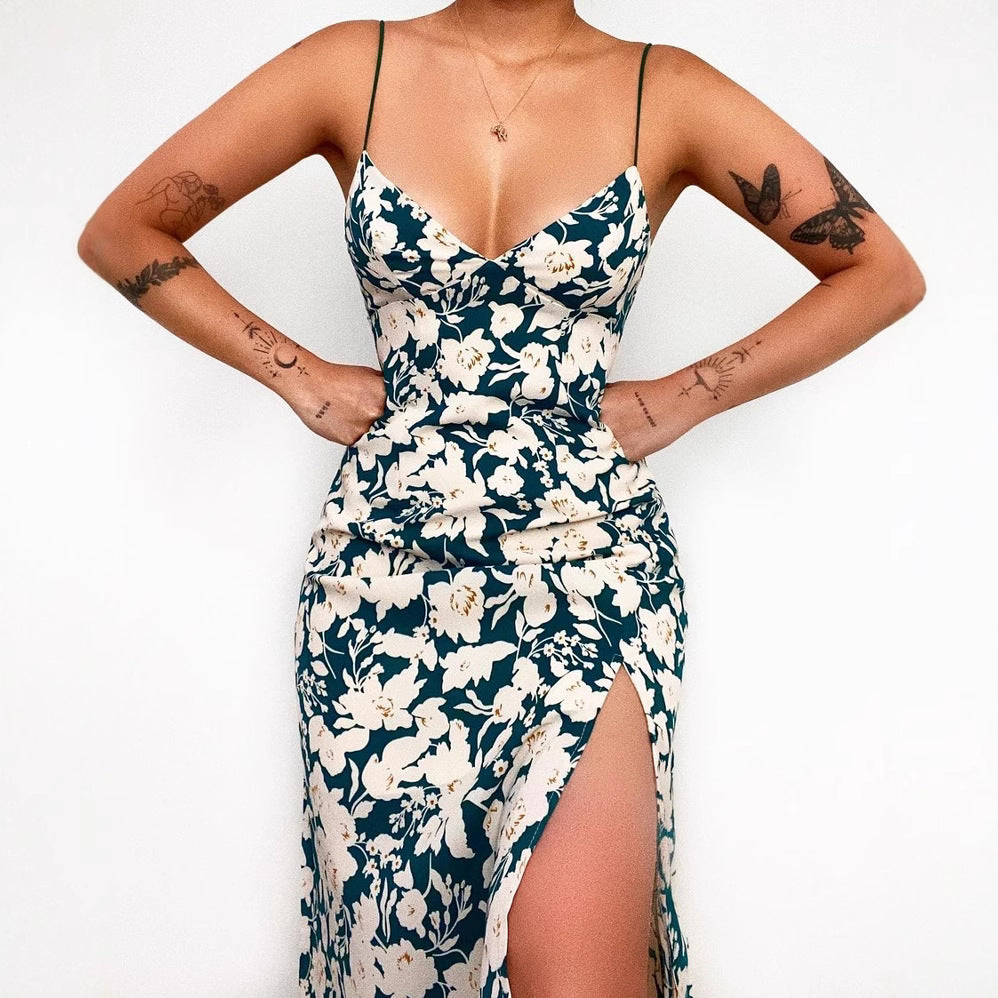 Damen Spaghettiträger Maxikleid mit floralem Design und hohem Schlitz R&B