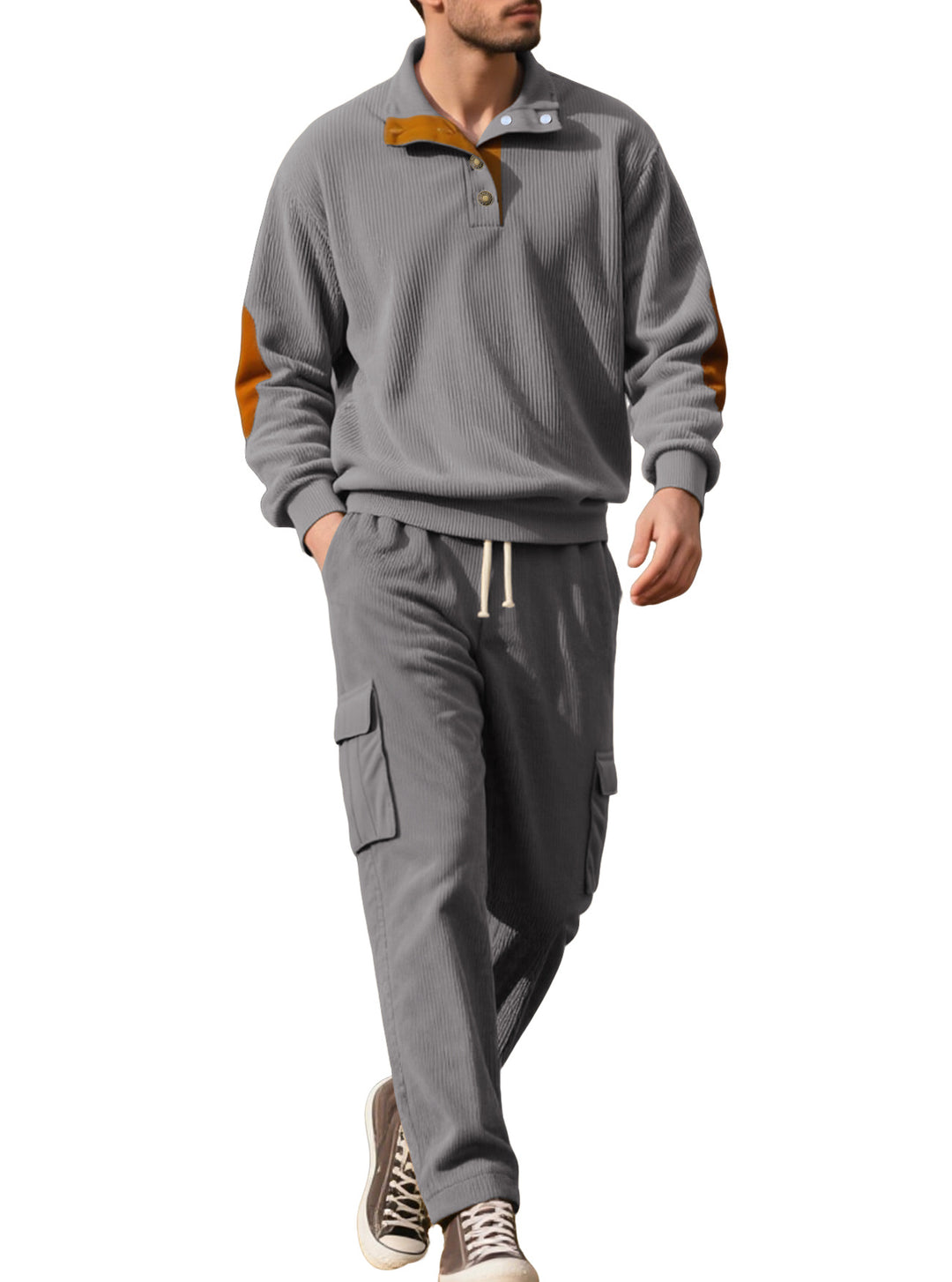 Herren nan strukturierter Troyer-Pullover mit Stehkragen Druckknopfleiste und Velours-Ellenbogenpatch R&B