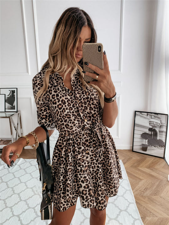 Damen Modisches Hemdblusenkleid mit geometrischem Muster und taillierbarem Knoten R&B
