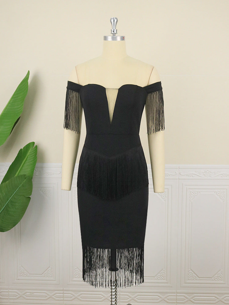 Damen elegantes Cocktailkleid mit Off-Shoulder Design und fransigen Ärmeln R&B