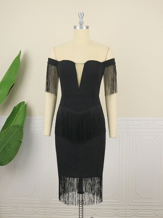 Damen elegantes Cocktailkleid mit Off-Shoulder Design und fransigen Ärmeln R&B