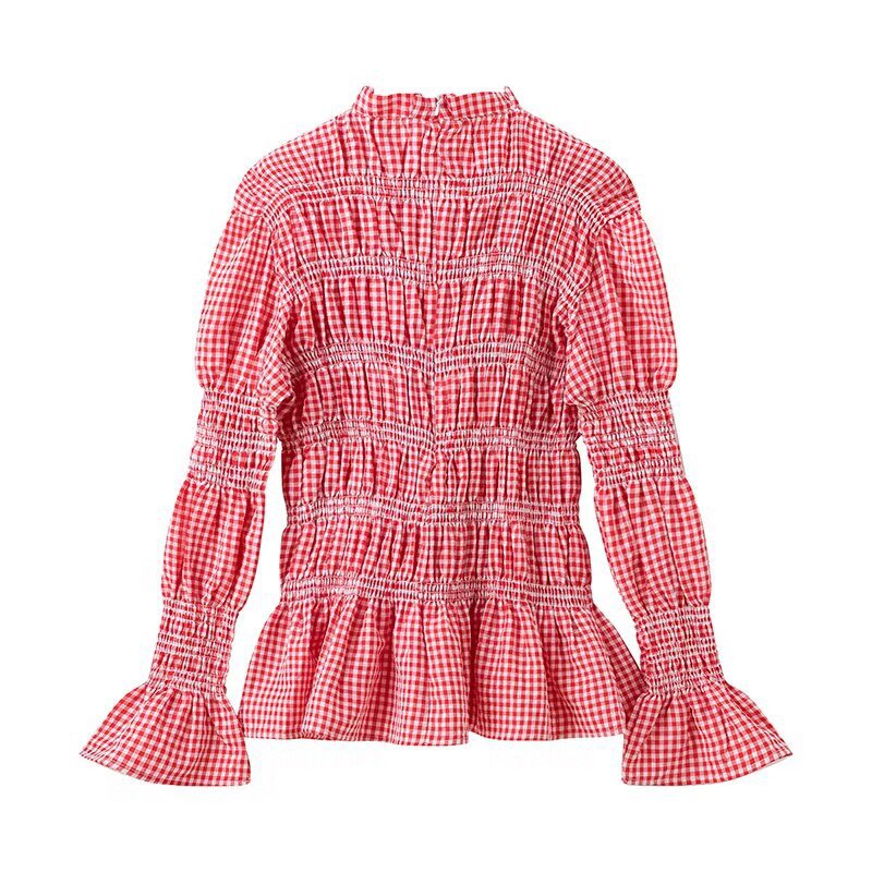 Damen Rüschenbluse mit Gingham-Muster und eleganten Puffärmeln R&B