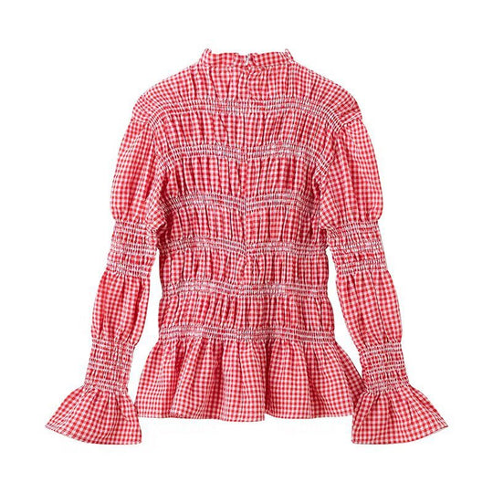 Damen Rüschenbluse mit Gingham-Muster und eleganten Puffärmeln R&B