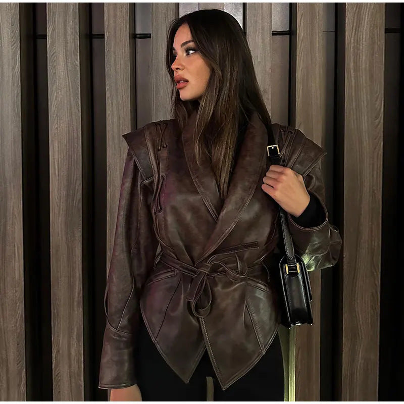 Damen modische Wildlederjacke mit tailliertem Schnitt und Bindegürtel R&B