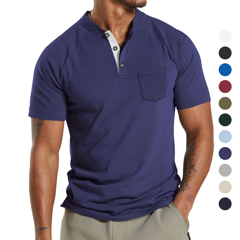 Herren Kurzarm-Henley-T-Shirt mit praktischer Brusttasche und modernem Kragen R&B
