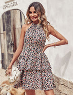 Damen Sommerkleid mit hohem Kragen und fließendem Volant R&B