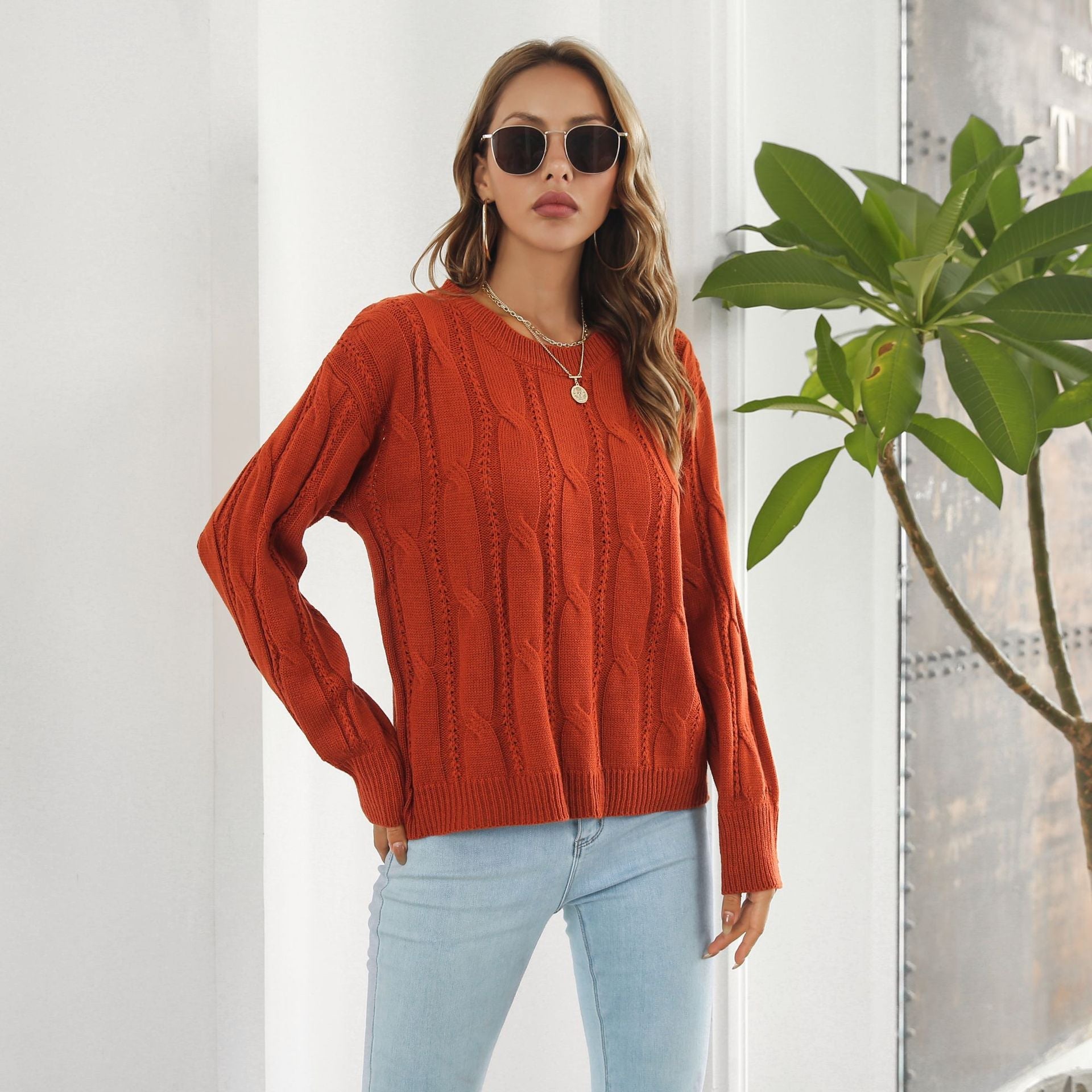 Damen Strickpullover mit strukturiertem Zopfdesign und weitem Schnitt R&B