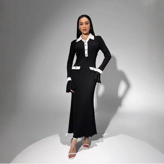 Damen elegantes Maxikleid mit Kontrastkragen und schmeichelhaften Ärmelverzierungen R&B