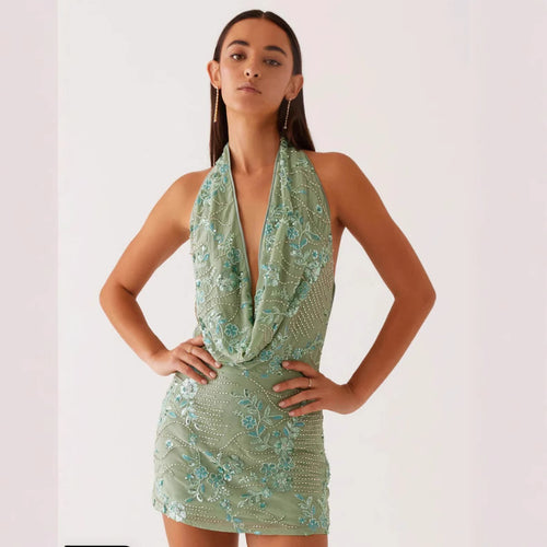 Damen Glamouröses Etuikleid mit tiefem V-Ausschnitt und besticktem Design R&B