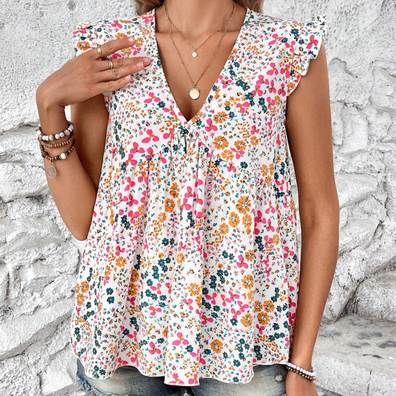 Damen Blusenshirt mit floralem Design und V-Ausschnitt R&B