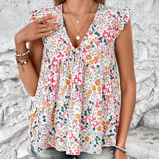Damen Blusenshirt mit floralem Design und V-Ausschnitt R&B