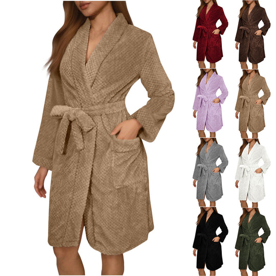 Damen Kuscheliger Bademantel mit Gürtel und Taschen R&B