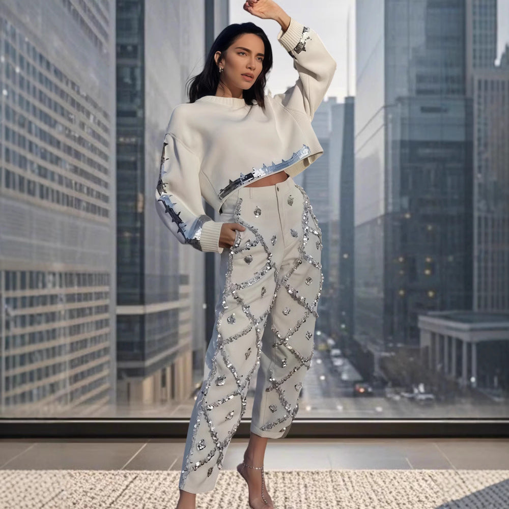 Damen modischer cropped Pullover mit Pailletten R&B