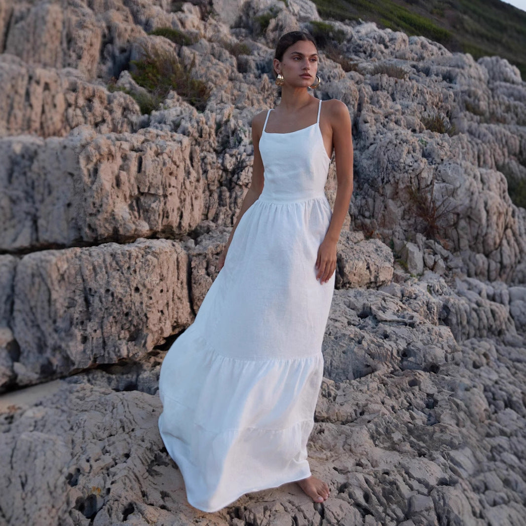 Damen Elegantes Maxikleid aus Leinen mit Querriemen R&B