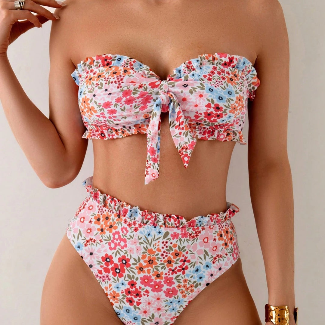 Damen Bandeau-Bikini mit verspielten Rüschen und floralem Muster R&B