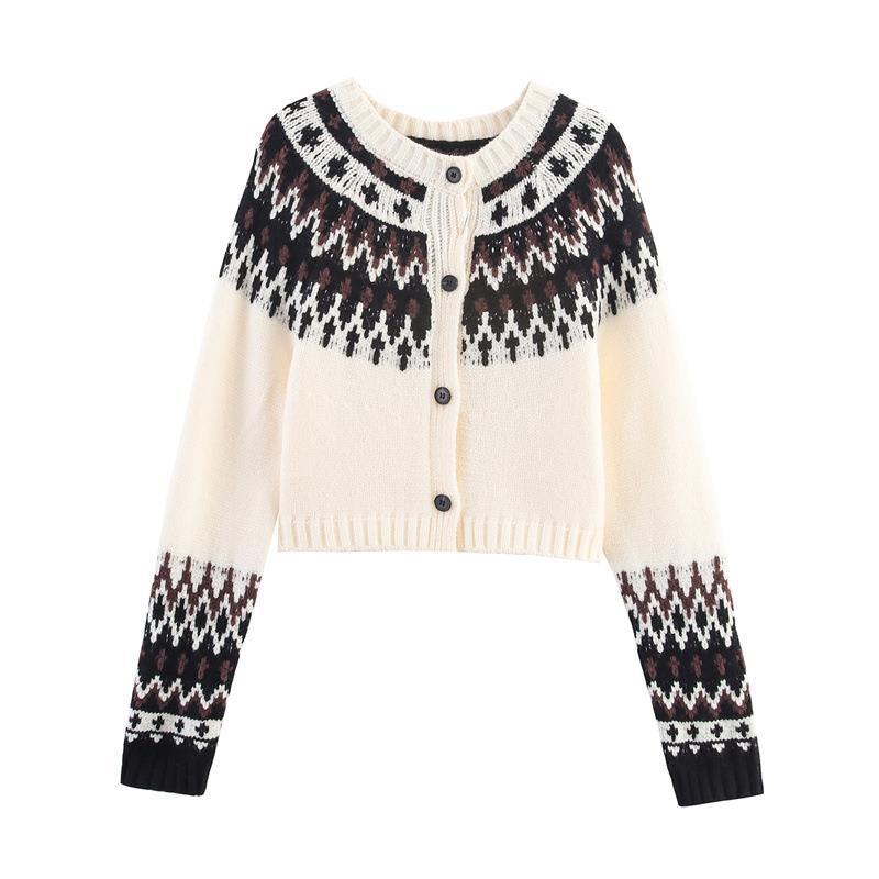 Damen gestrickte Winterjacke mit traditionellem Muster und Knöpfen R&B