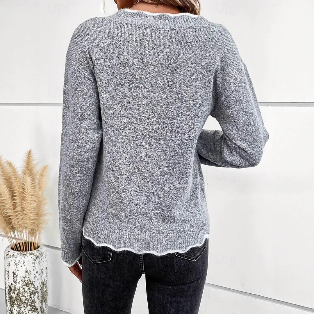 Damen lässiger Strickpullover mit gewelltem V-Ausschnitt und kontrastierenden Abschlüssen R&B