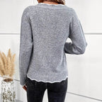 Damen lässiger Strickpullover mit gewelltem V-Ausschnitt und kontrastierenden Abschlüssen