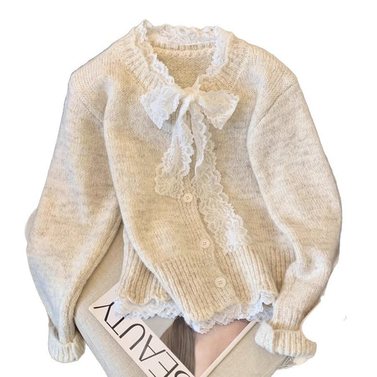 Damen Strickcardigan mit Lagenlook und Spitzenkragen R&B