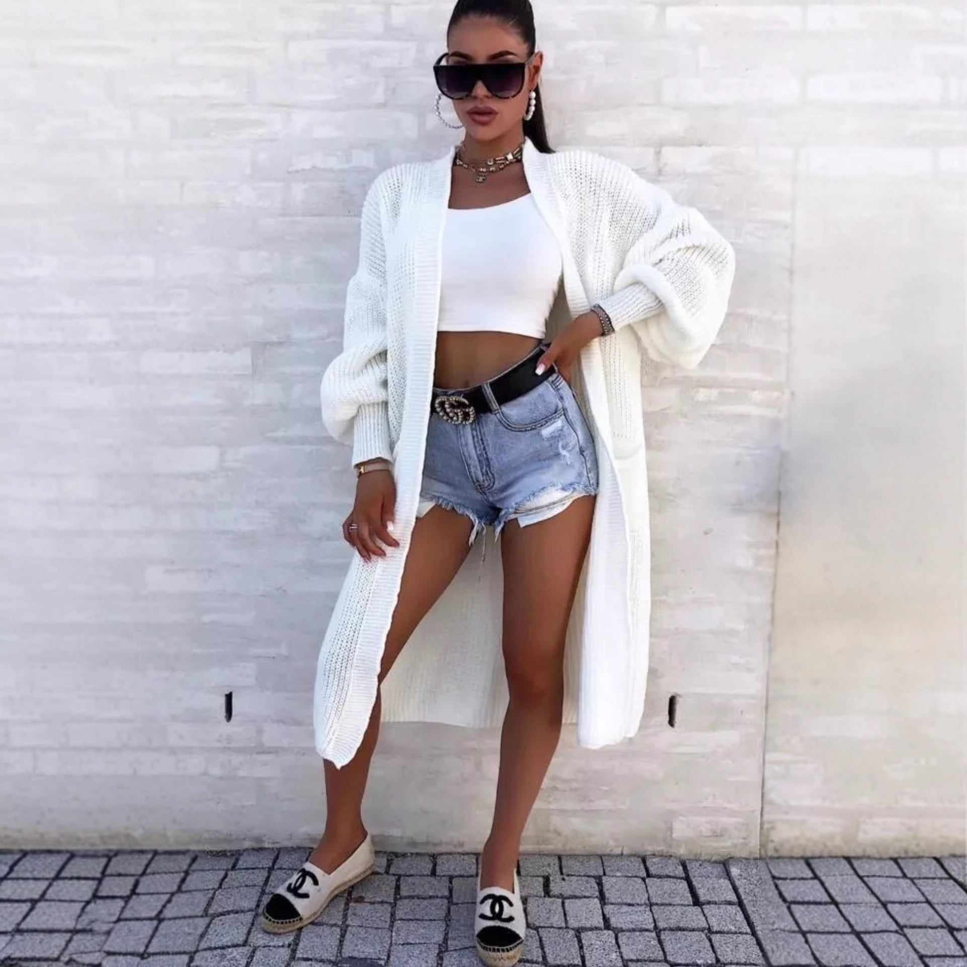 Damen Langer Strickcardigan mit weiten Ärmeln und praktischen Taschen R&B