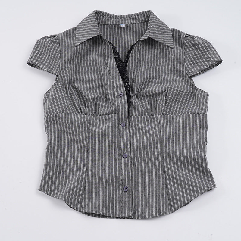 Damen elegantes Blusenshirt mit raffinierten Spitzenakzenten und modischem Streifenmuster R&B