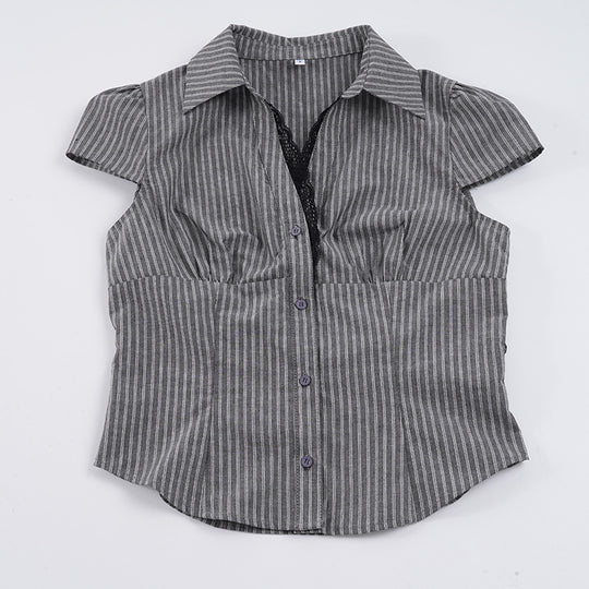 Damen elegantes Blusenshirt mit raffinierten Spitzenakzenten und modischem Streifenmuster R&B