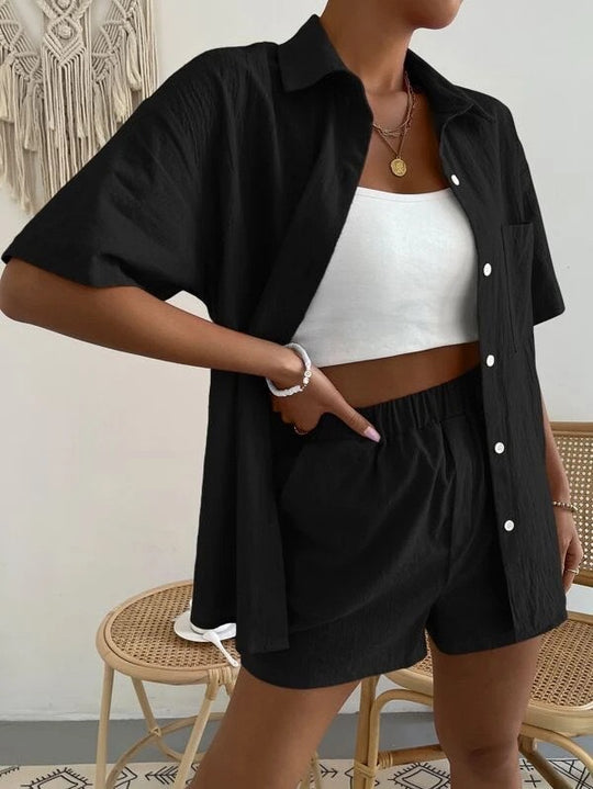 Damen Freizeit-Loungewear-Set aus leichtem Leinen mit aufgesetzter Brusttasche R&B