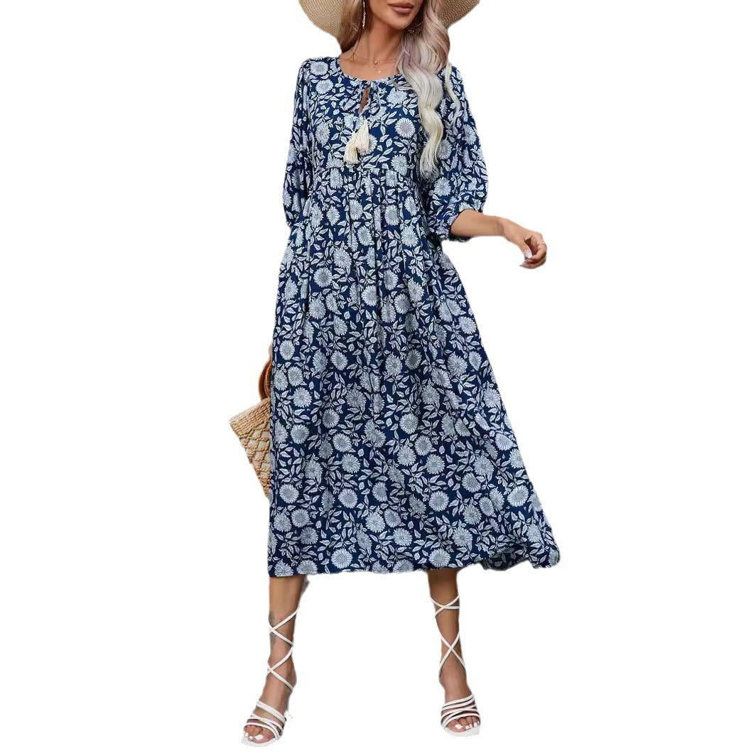 Damen Maxikleid mit grafischem Blumendesign und schwingendem Saum R&B