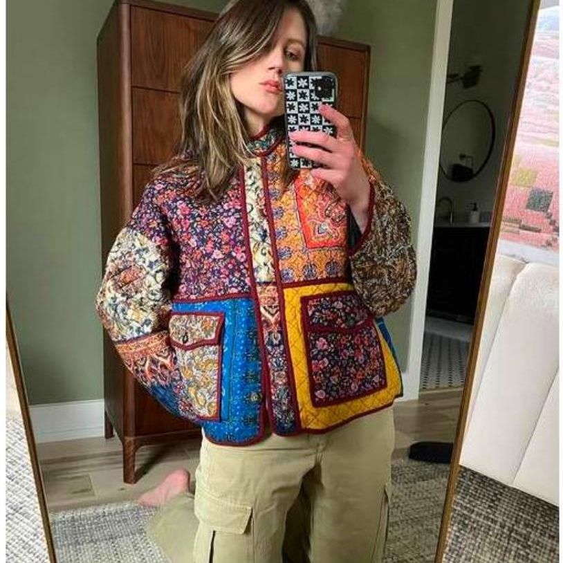 Damen Quilted Jacke mit buntem Patchwork-Design und praktischen Taschen R&B