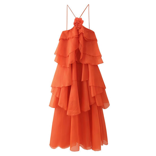 Damen Maxikleid mit voluminösen Rüschen und floralen Akzenten R&B