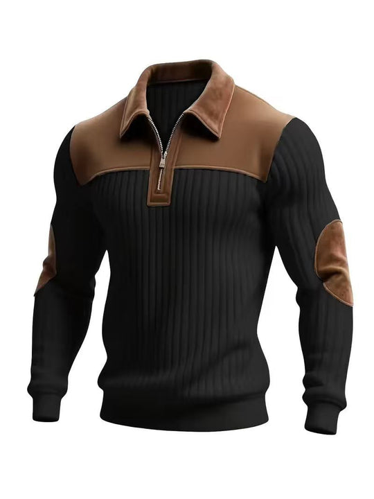 Herren nan gerippter Halbzip-Pullover mit kontrastierenden Lederapplikationen an Schultern und Ellenbogen R&B
