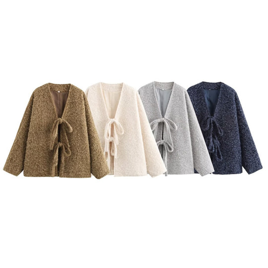 Damen Kuschelige Oversized Weste mit Bindebändern und anschmiegsamem Material R&B