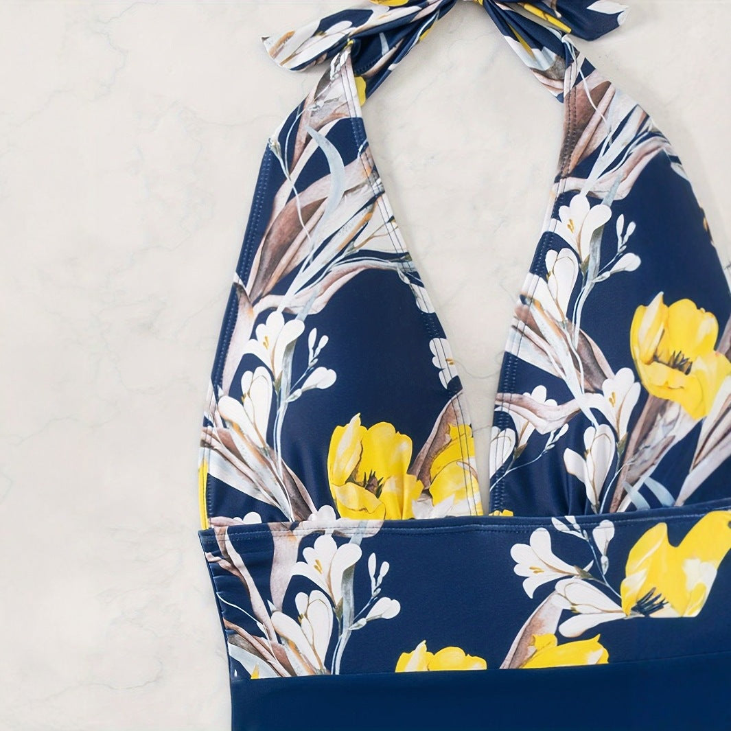 Damen Einteiliger Badeanzug mit floralem Design und Langen BindR&Bändern R&B