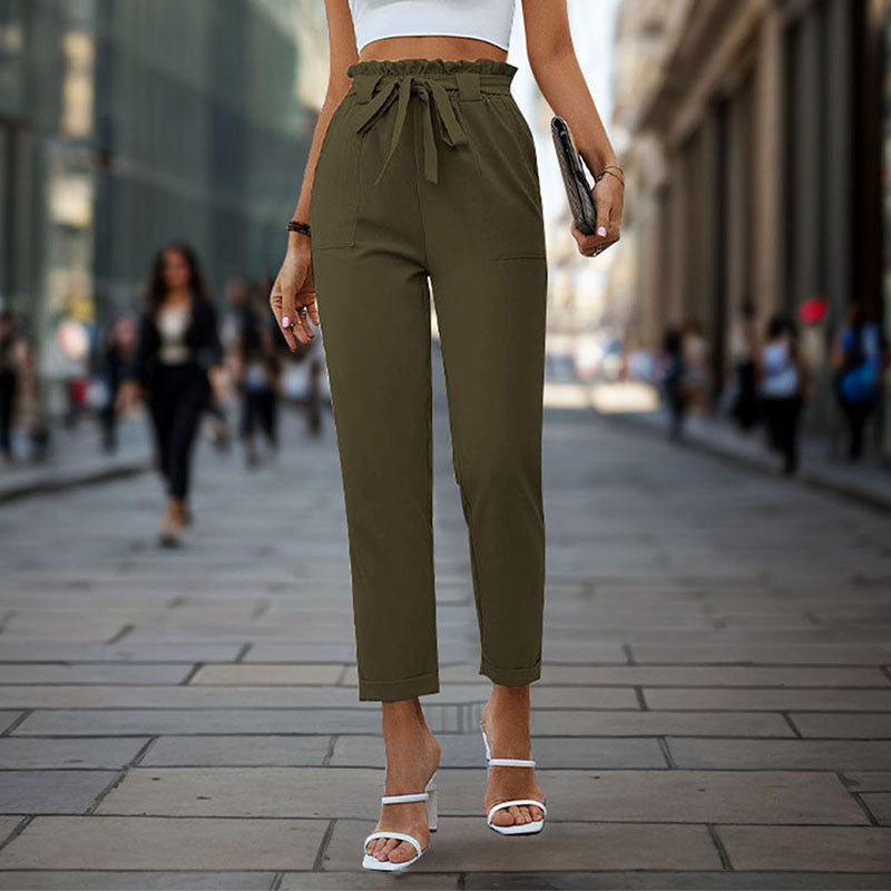 Damen elegante Chino-Hose mit hohem Bund und Taillenzug R&B
