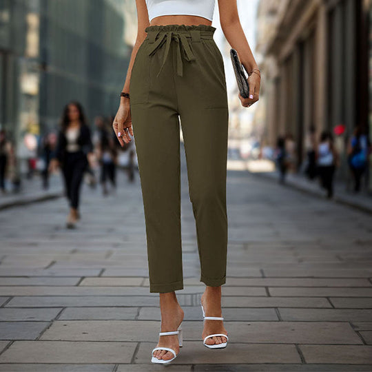 Damen elegante Chino-Hose mit hohem Bund und Taillenzug R&B
