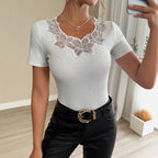 Damen Elegantes Figurbetontes Oberteil mit Floral-Spitzenbesatz R&B