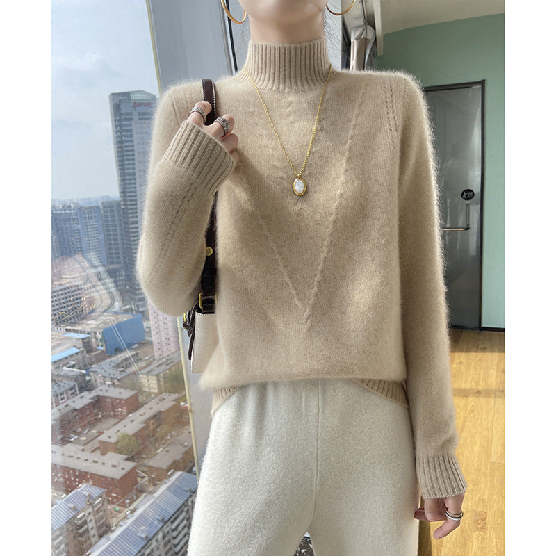 Damen weicher Strickpullover mit hohen Kragen und V-Design R&B