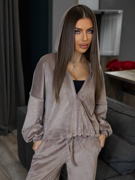 Damen Fleece-Haustextilien-Set mit cropped Oberteil und weitem Hosen R&B