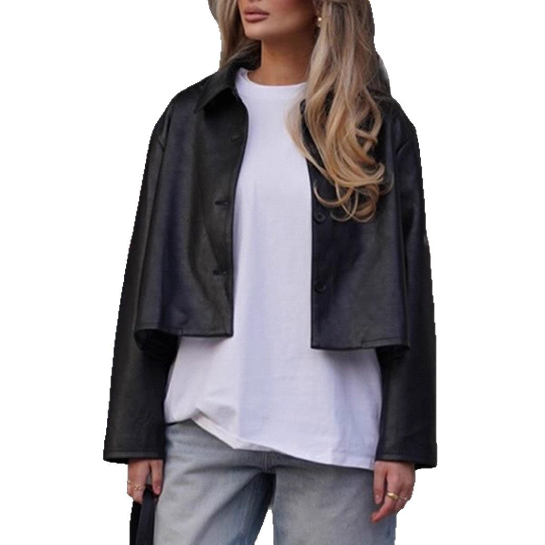 Damen Modische cropped Kunstlederjacke mit stilvollen Details R&B