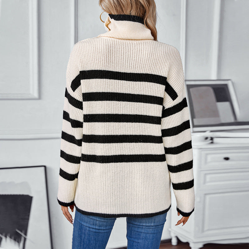 Damen Rollkragenpullover mit Knopfdetails und Streifendesign