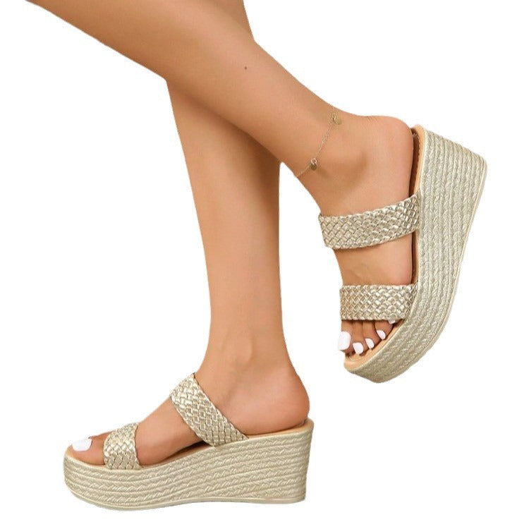 Damen Riemchen-Plateausandalen mit geflochtenem Design und eleganter Süßwasserperlen-Applikation R&B