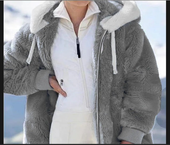 Damen Kuschelige Kunstpelzjacke mit Kapuze R&B