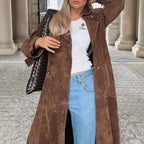 Damen eleganter und taillierter Wildleder-Trenchcoat mit Gürtel R&B