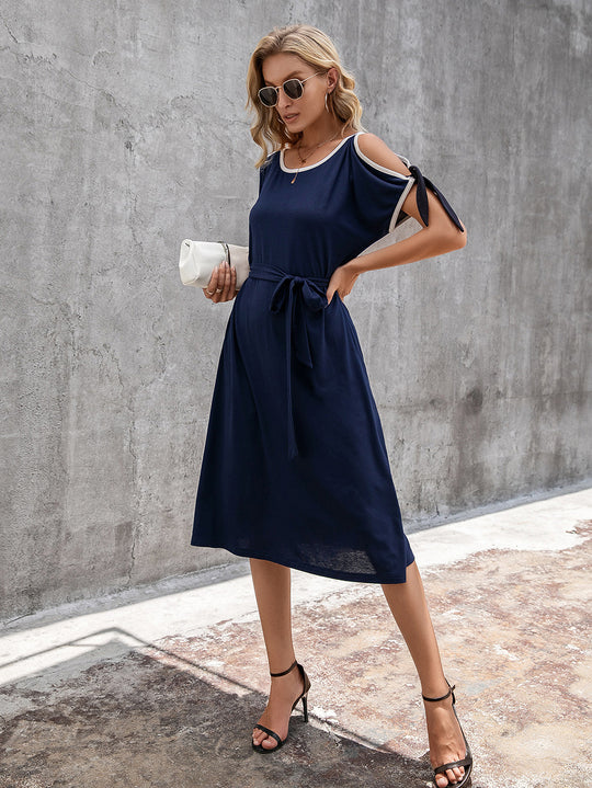 Damen lässiges Midikleid mit taillierbarem Gürtel und Schleifendetails R&B
