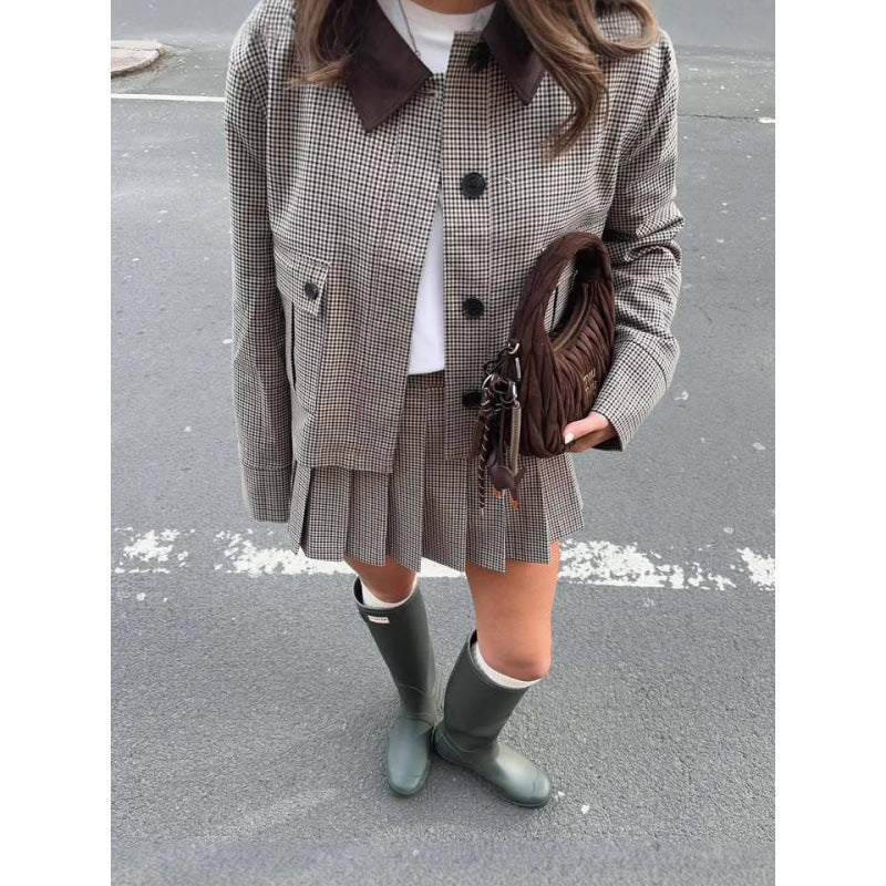 Damen Karomuster Blazerjacke mit kurzen Ärmeln und passender Minirock R&B