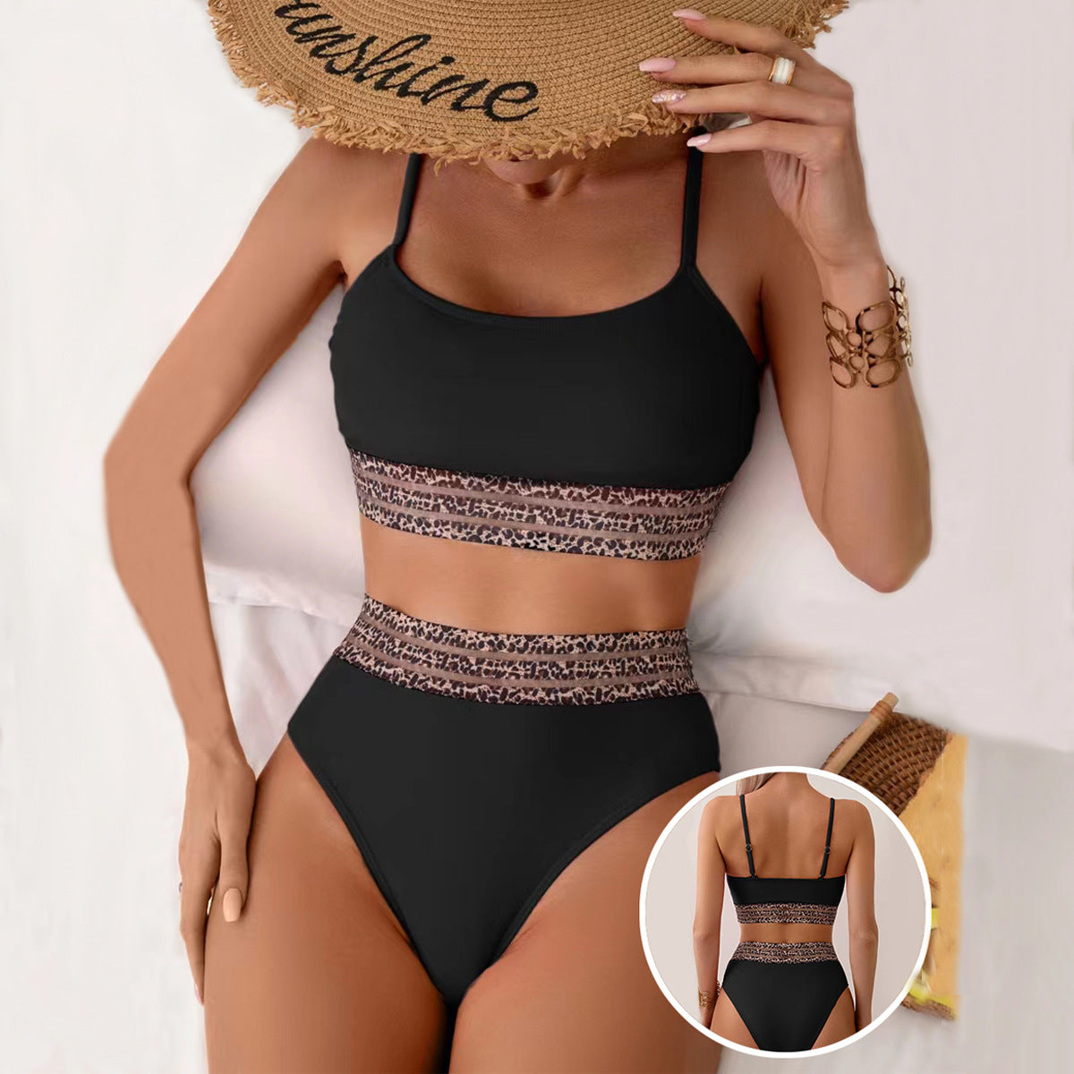 Damen Hochtailliertes Bikini-Set mit modischen Leoparden-Details R&B
