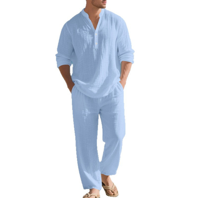 Herren komfortables Homewear-Set mit eleganter Knopfleiste und langen Hosen R&B