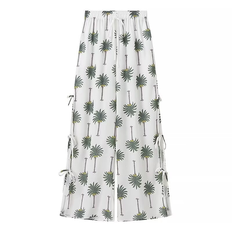 Damen Palazzo-Hose mit floralem Palmbaum-Print und seitlichen Schnürdetails R&B