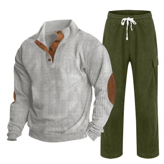 Herren nan Strick-Freizeitset mit Knopfleiste und Ellenbogenaufnähern sowie Cord-Cargohose R&B