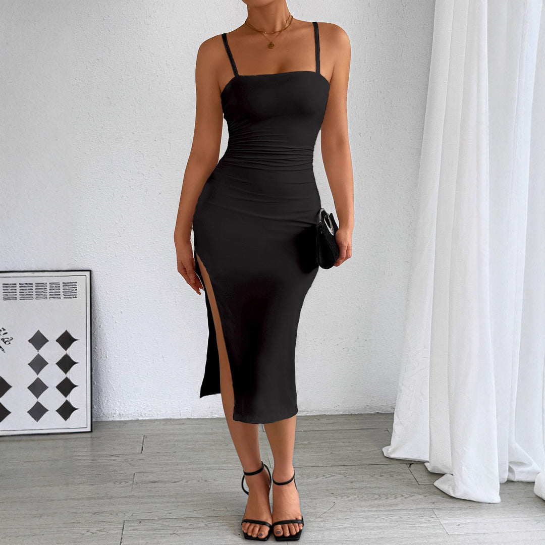 Damen figurbetontes Midi-Kleid mit schulterfreien Trägern und tiefem Schlitz R&B